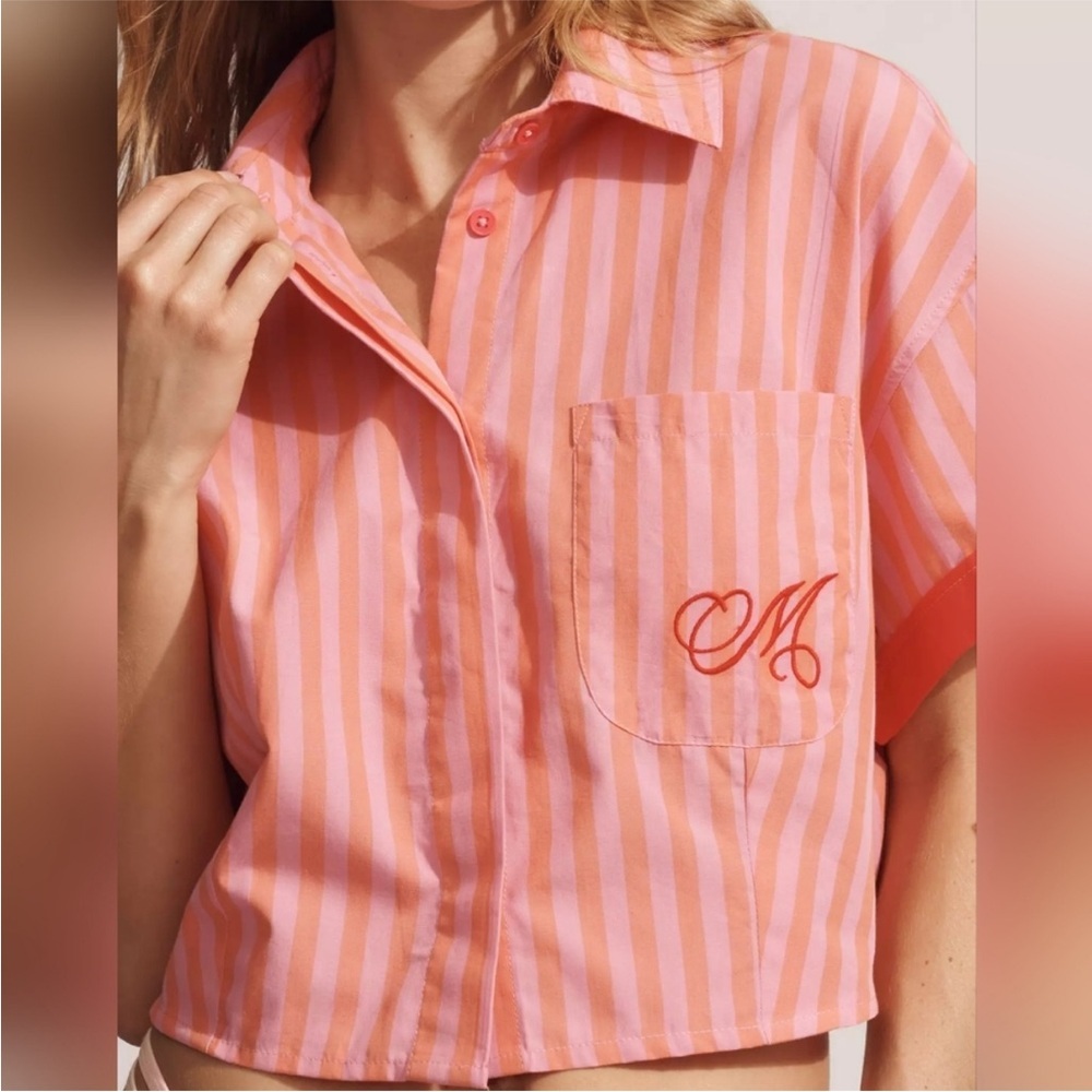 Anthropologie Maeve Short Sleeve Monogram Cropped Top Pink Rose Shirt Sz L NEW - Picture 2 of 13
